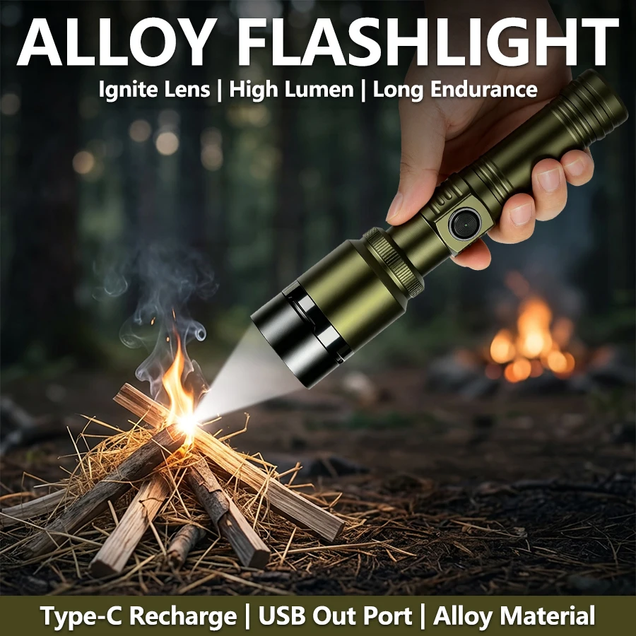 Ultra-bright Zoom Flashlight Type C Rechargeable Tactical Torch Concentrating Ignition Waterproof Lamp Outdoor Camping Lantern