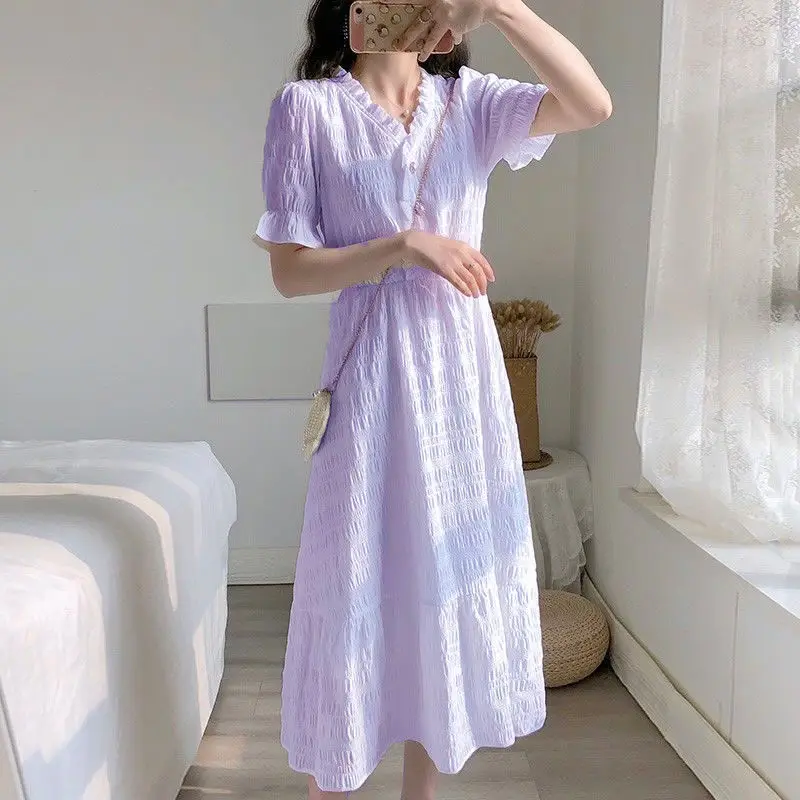 Sukienka dla kobiet Letnia koszula z krótkim rękawem w dużych rozmiarach Biało-niebieskie sukienki Casual Koreańska francuska retro Slim Fit Odzież damska