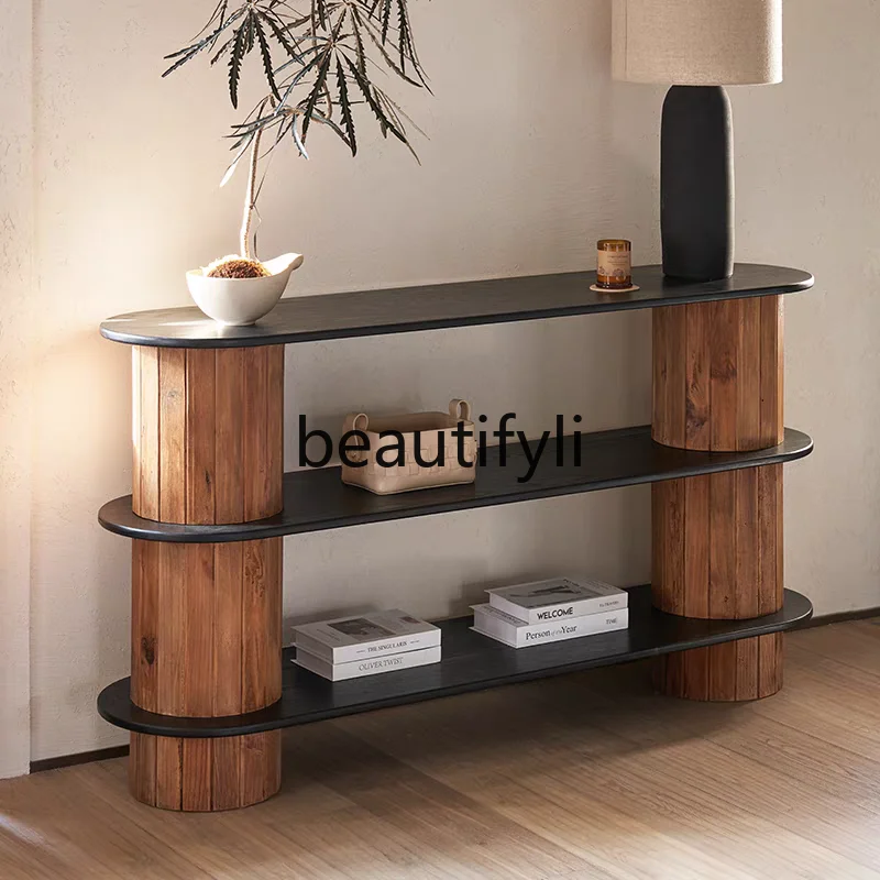 Color matching solid wood entrance cabinet, three-layer storage cabinet, entrance table, simple sofa back cabinet