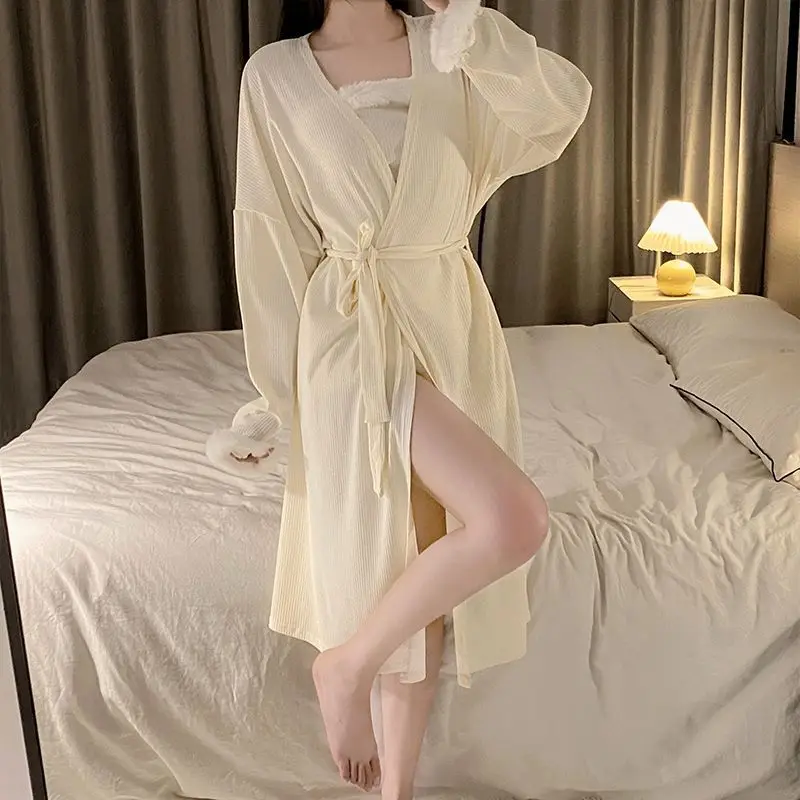 3 buah Set piyama Modal seksi Cami atasan & celana jubah wanita musim gugur musim dingin baju tidur mewah pakaian tidur kain perca bulu