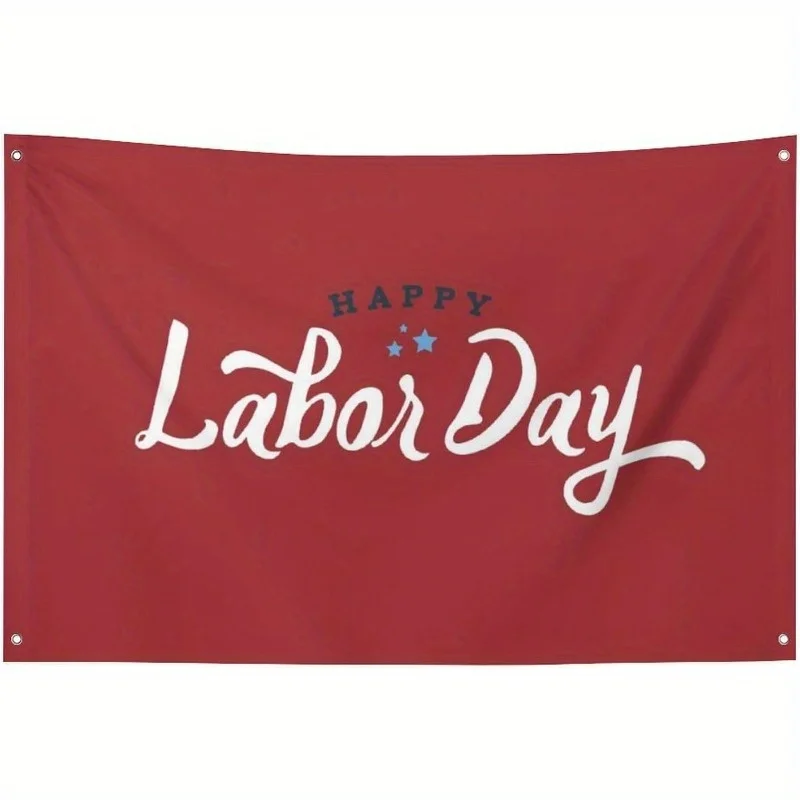 Happy Labor Day Banner - 3x5ft Red Polyester Flag with White Cursive Lettering & Stars, Easy to Hang Indoor/Outdoor Decoration f