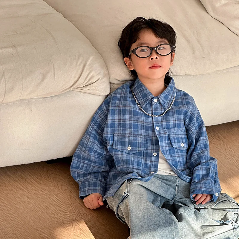 

Boys' Blue Checkered Shirt 2025 Autumn New Style Loose Cotton Collar Single Row Button