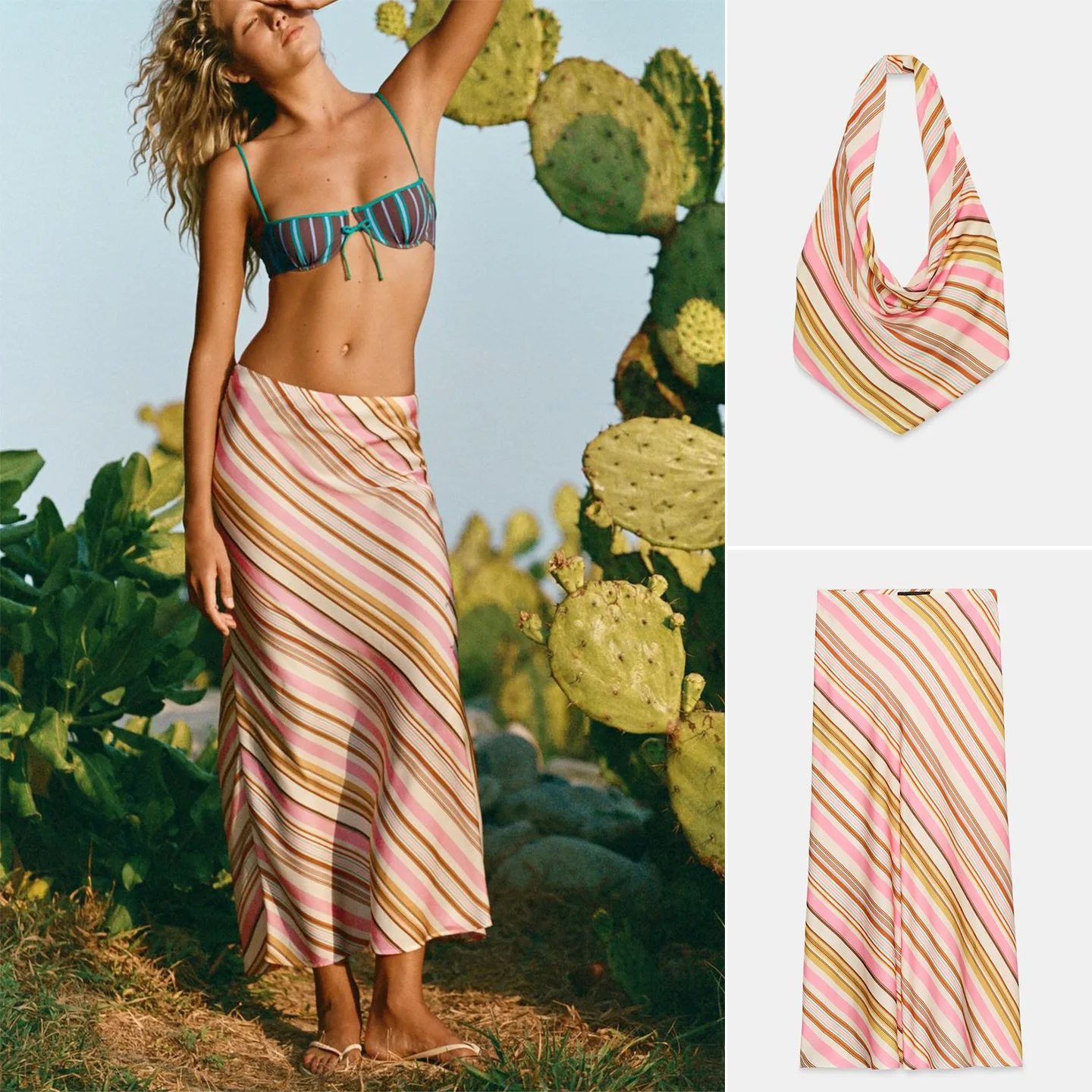 Asymmetric Hem Midi Skirt Color Block Striped Neck Hanging Top Women's Summer Fashion Set without Brand Registered Trademark