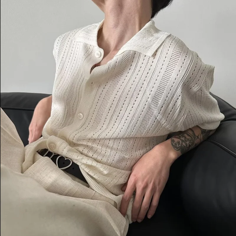 

Premium American Retro Hollow Out Collar Short Sleeve Knitted Shirt Men Fashionable Loose Lazy Lace Shirt Cardigan Top