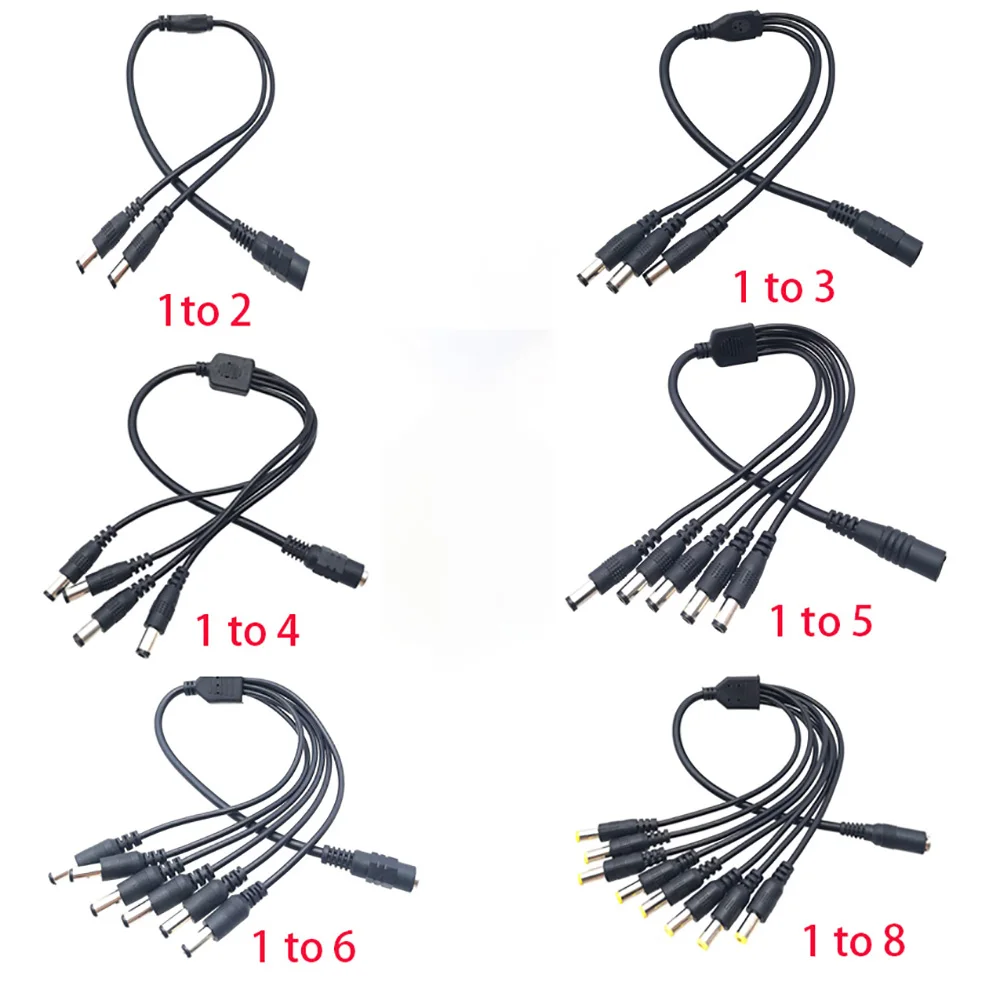 Cable de alimentación DC Power Jack, 5,5x2,1mm, 1 hembra para 2,3,4,5,6,8 adaptador divisor de enchufe macho para cámara de seguridad CCTV