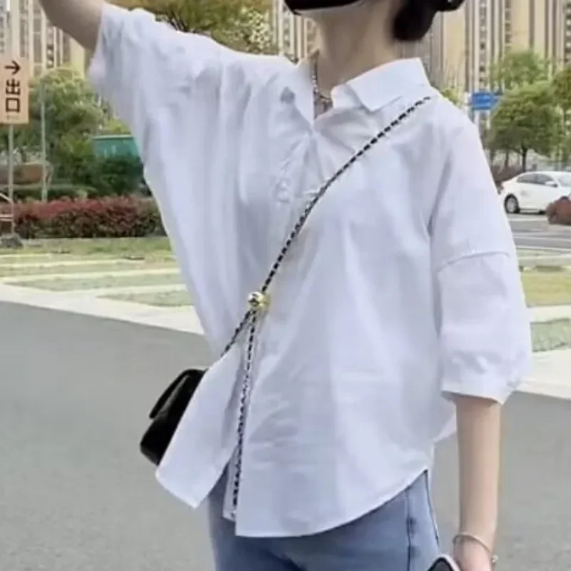 قمصان قصيرة الأكمام للنساء تصميم فضفاض متين للفتيات الجامعيات الصغيرات الصيف بدوره إلى أسفل طوق جديد عصري الكورية نمط صالح عادية #4