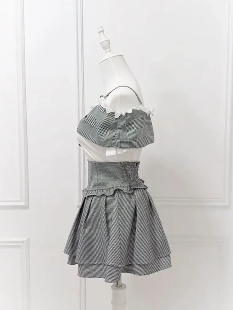SOIOMES Japanese-style mass-produced sweet lace top with bow and plaid skirt set