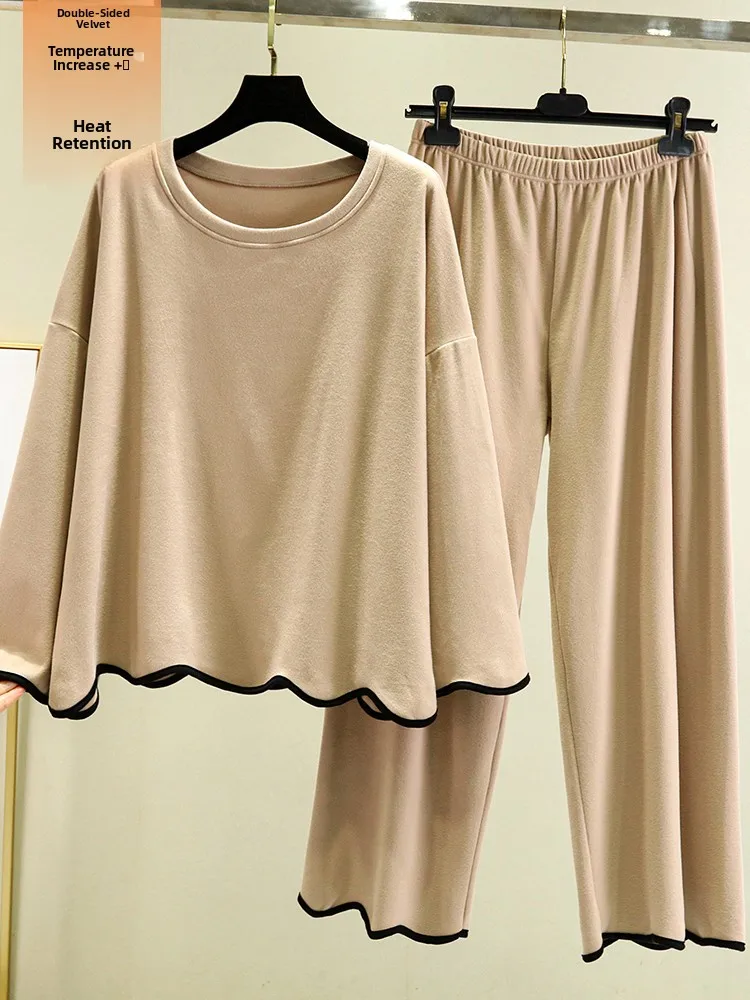 

Thiened Fce Warm Home Clothes Women Winter Leisure Outdoor Wear Large Size Loose Long Sve Spwear Two-Piece Set