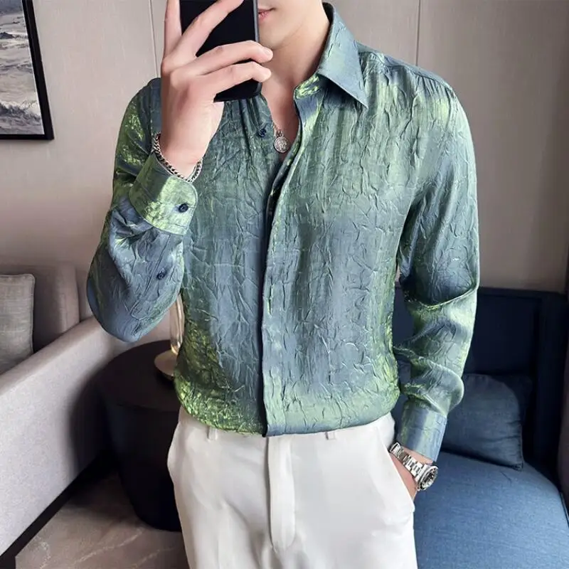 2023 Summer Fashion Pleated Design Floral Shirt Men\'s Long Sleeve Slim Casual Shirts Ice Silk Gradient Sunscreen Clothes Shirts