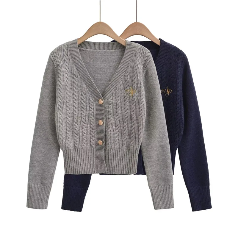 Preppy Style Twist Knit V neck Cardigan Women Full Sleeve Short Sweater Knitwear Navy blue Gray