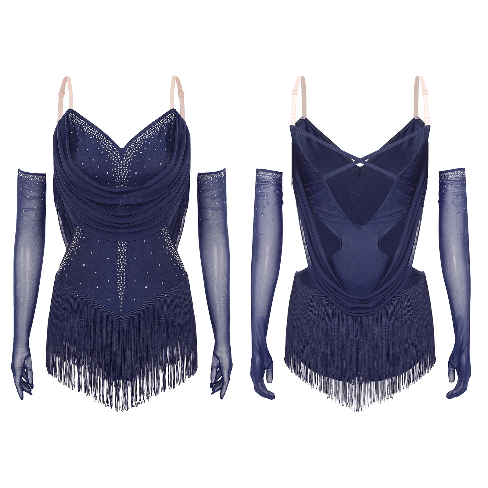 Womens Kwastje Latin Dans Turnpakje Jurk Strass Omzoomd Bodysuit + Handschoenen Outfits voor Tango Cha-Cha Salsa Schaatsen Prestaties