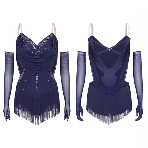 Womens Tassel Latin Dance Leotard Dress Rhinestone Fringed Bodysuit+Gloves Outfits for Tango Cha-Cha Salsa Skating Performance - Image 8