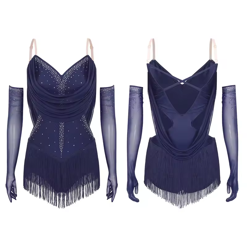 Womens Tassel Latin Dance Leotard Dress Rhinestone Fringed Bodysuit+Gloves Outfits for Tango Cha-Cha Salsa Skating Performance - Image 8