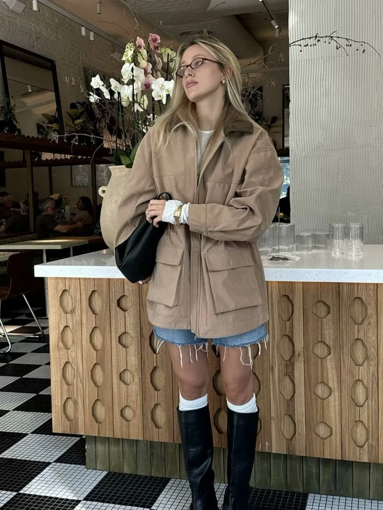 Women's Clothing Cargo Jacket Trendy Workwear Long Sleeves Fitted Waist Trench Coat Outerwear Tops Spring Autumn New Pockets