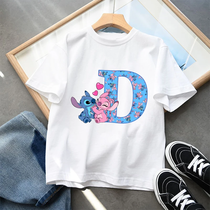 Stitch Disney Kids T Shirt Clothes Tops Children\'s Clothing Letter A-Z Summer Cute Cotton Short Sleeve Tee New Boys Girls Gifts