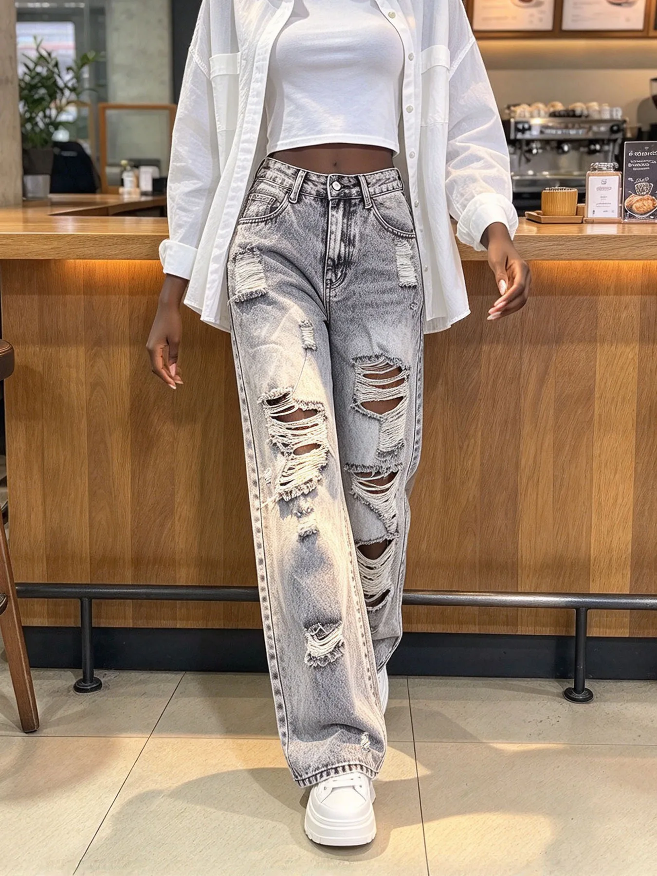 Y2K Street Style Women Gray Big Ripped Jeans High Waist Wide Leg Loose Slim Fit Draping Straight Long Pants
