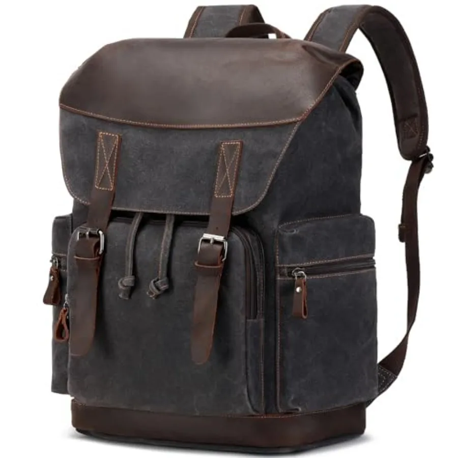 

Nerlion Leather Backpack for Men Waxed Canvas Laptop Backpack 17.3 Inch Rucksack Vintage Travel Backpack Black
