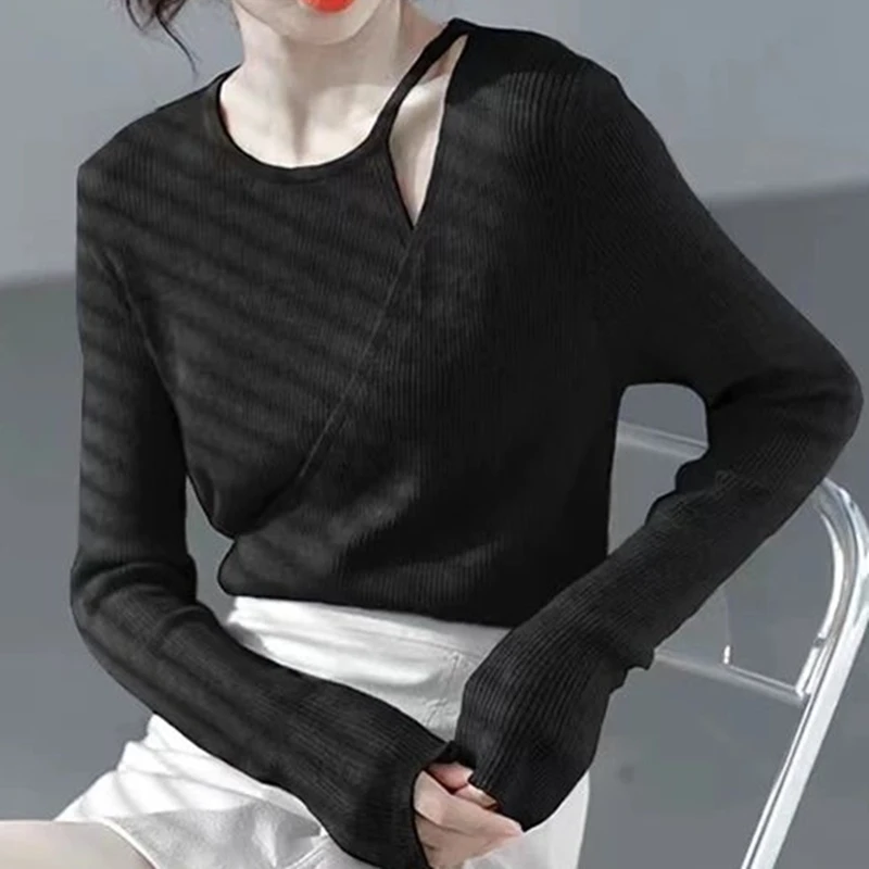 Fake Two Pieces Top Women Knitwear Long Sleeve Slim Knitted Bottoming Shirt