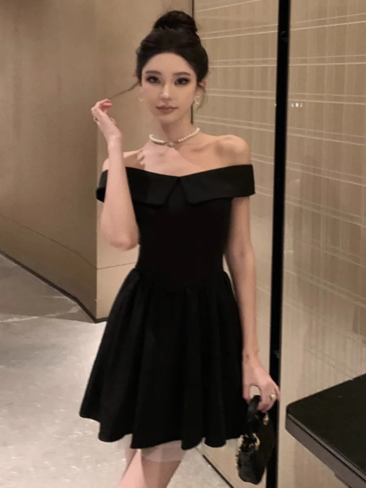 Topenomi French Vintage Boat Neck Black Evening Dress Women Elegant High Waist Slim Fit A-line Cocktail Prom Party Short Dresses