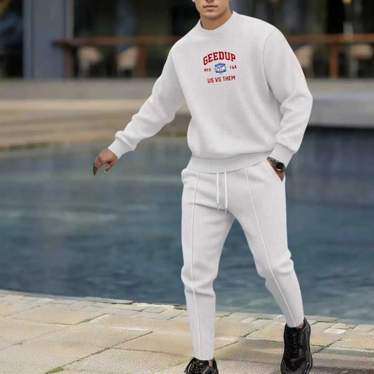 Men's Spring Autumn Fashionable Round-Neck T-Shirt Set Waffle Fabric Comfortable Polyester Long-Sleeved Trousers Two-piece set