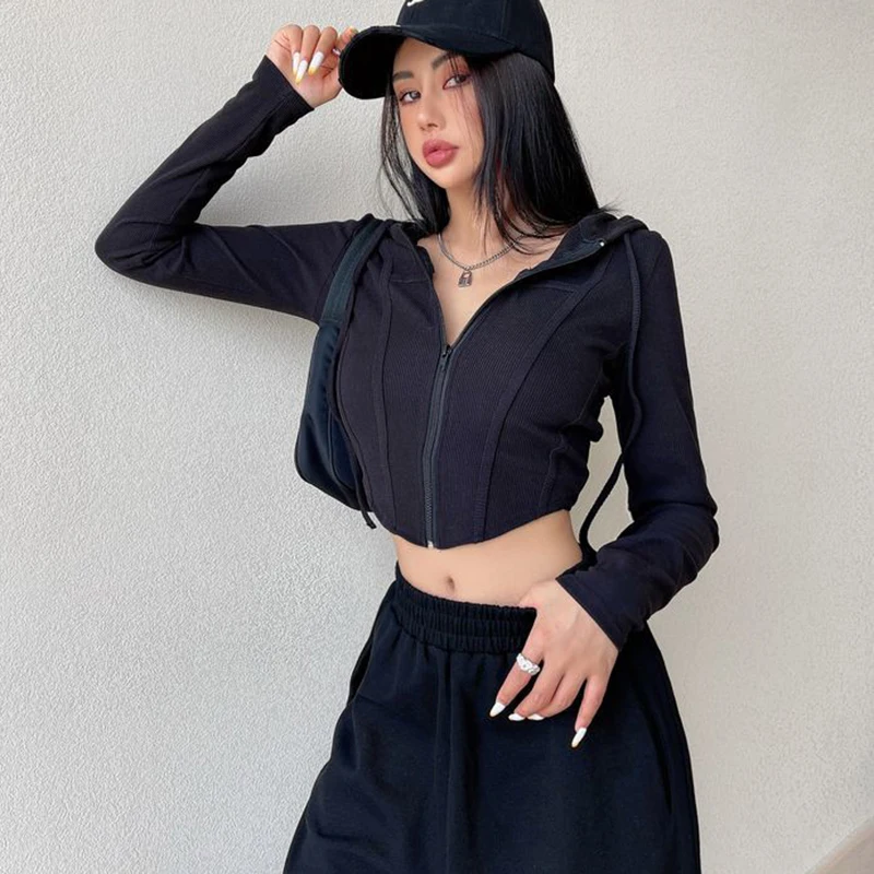 Rimocy Casual Solid Color Hooded Cardigan Women Long Sleeves Y2K Slim Fit Crop Tops Woman 2023 New Zipper Up Streetwear Tees Top