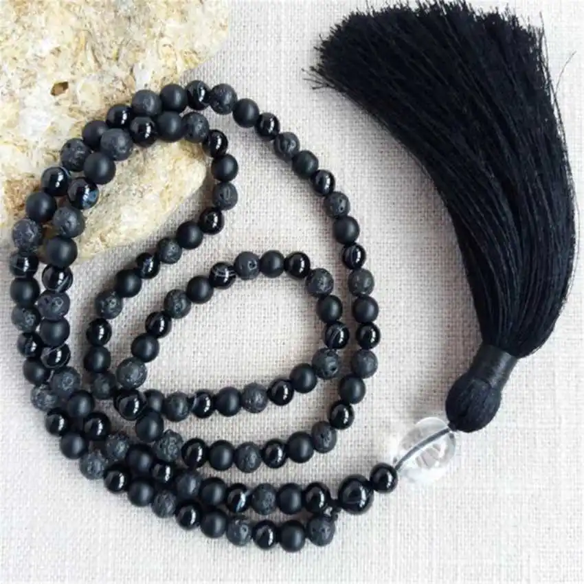 

Natural Black Onyx & Clear Quartz 108 Mala Beads Necklace with Black Tassel Protection & Clarity Healing Crystal Jewelry