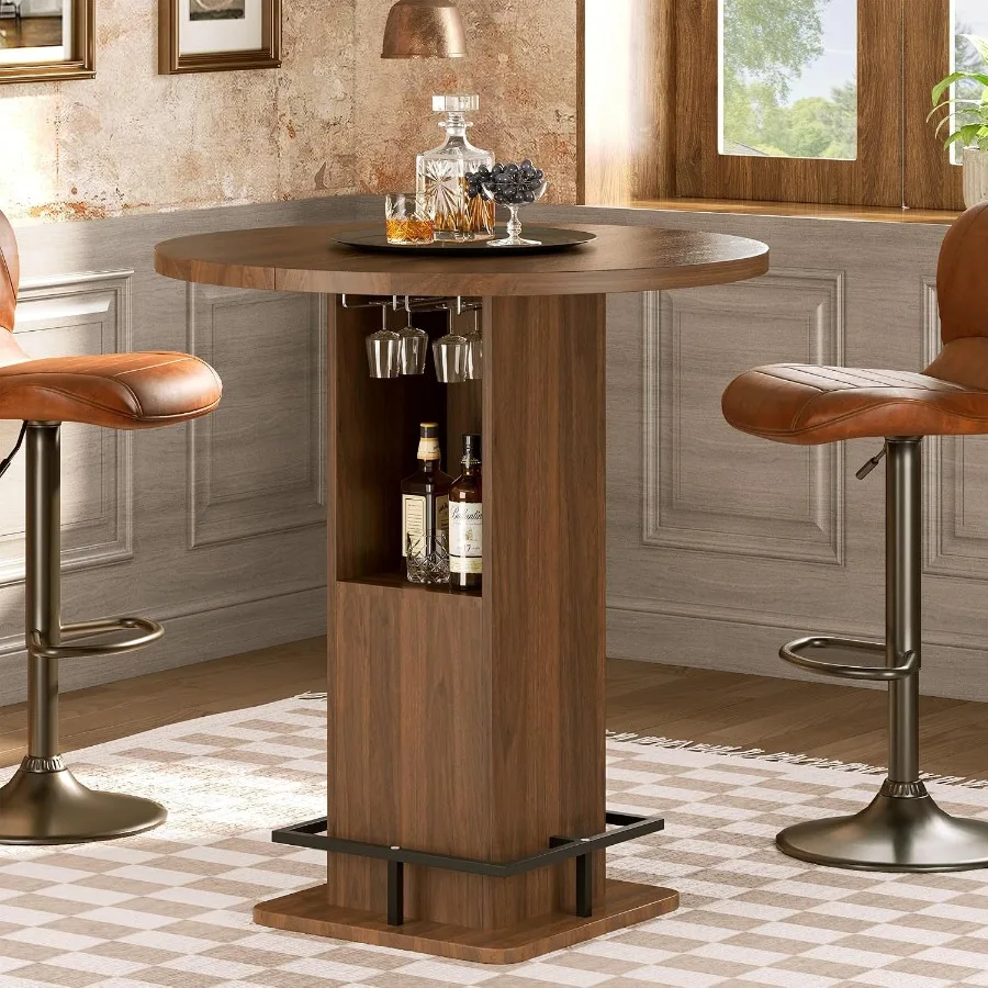 Round Pub Table with 2-Tier Storage and Footrest, 39