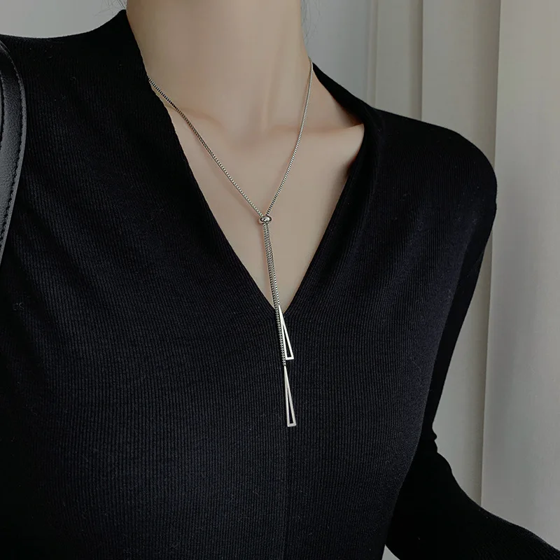 Geometric Cut-out Long Tassel Adjustable Necklace Simple Premium Waterproof Accessory Stainless Steel Women's Delicate Gift