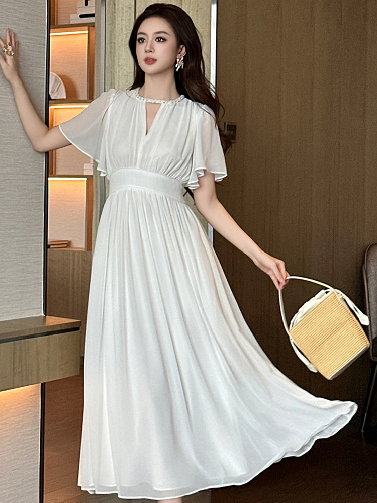 French Holiday Vacation Dress Women Sweet Fairy White Chiffon Cut Out Pleated Swing Long Robe Female Seaside Party Date Vestidos
