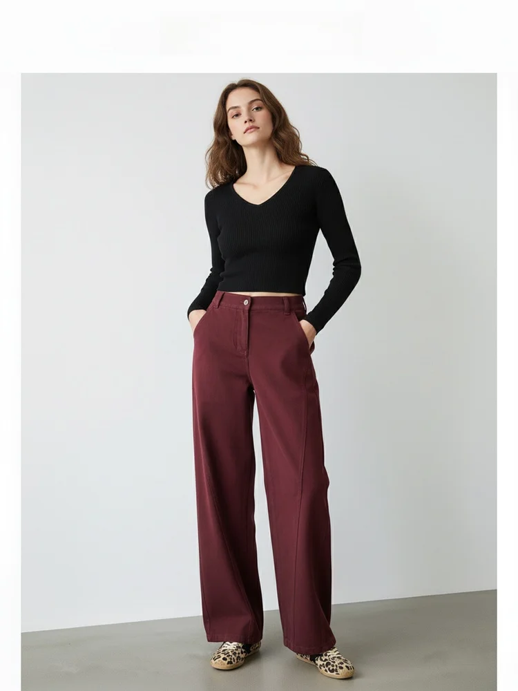 

Брюки с высокой талией, прямые, широкие, красные, винтажный дизайн, осенне-зимние женские джинсы, простые, элегантные, А-силуэт