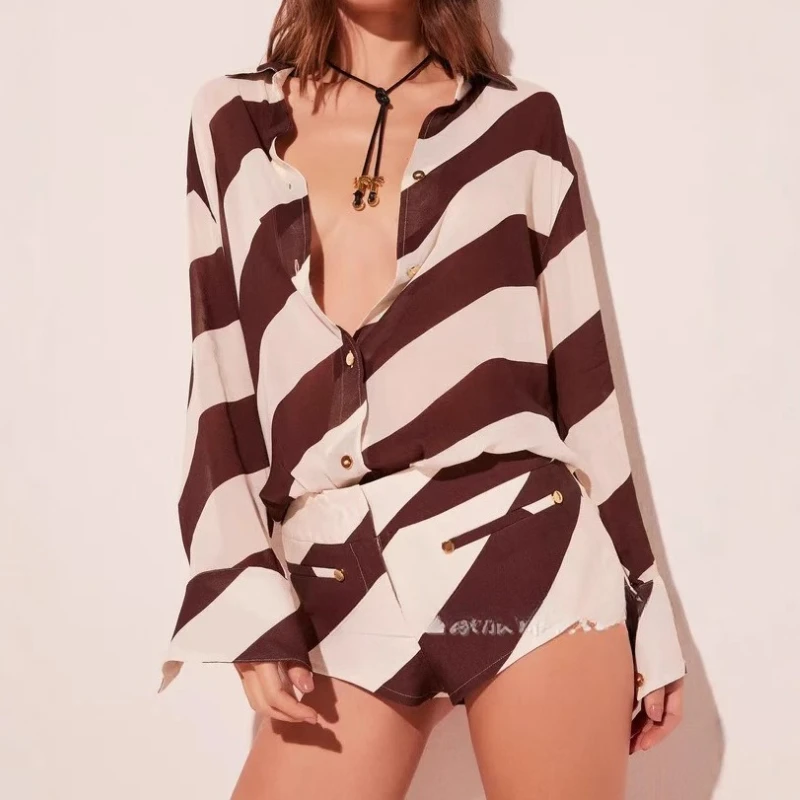 

2025 European and American Clothing Striped Long-sleeved Shirt Shorts Casual Two-piece Suit