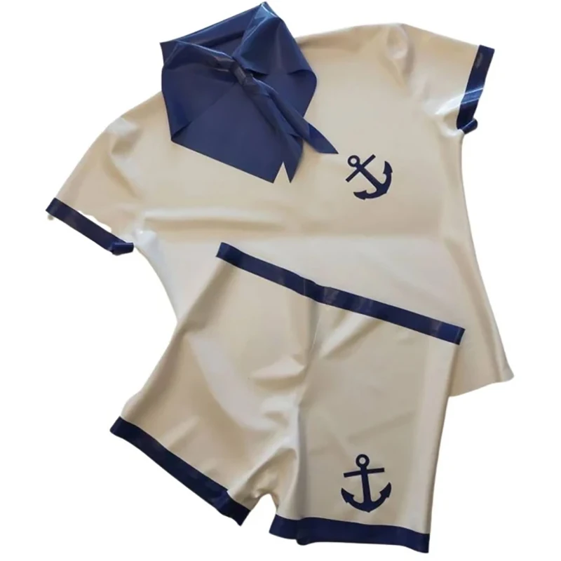 

White And Blue Sexy Latex Sailor Outfits Shirt Boxer Shorts Rubber Middy Unifrom Tops Briefs Bottoms YF-0450