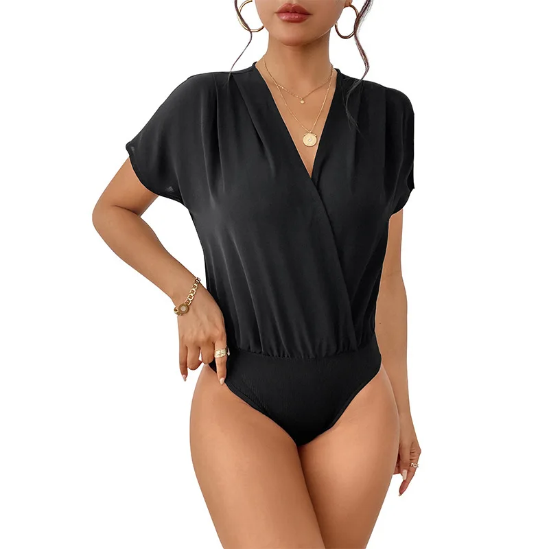 Spring and Summer 2025 Women's Jumpsuit Commuting Wind Solid Color V-neck Pleated Bat Sleeve Jumpsuit