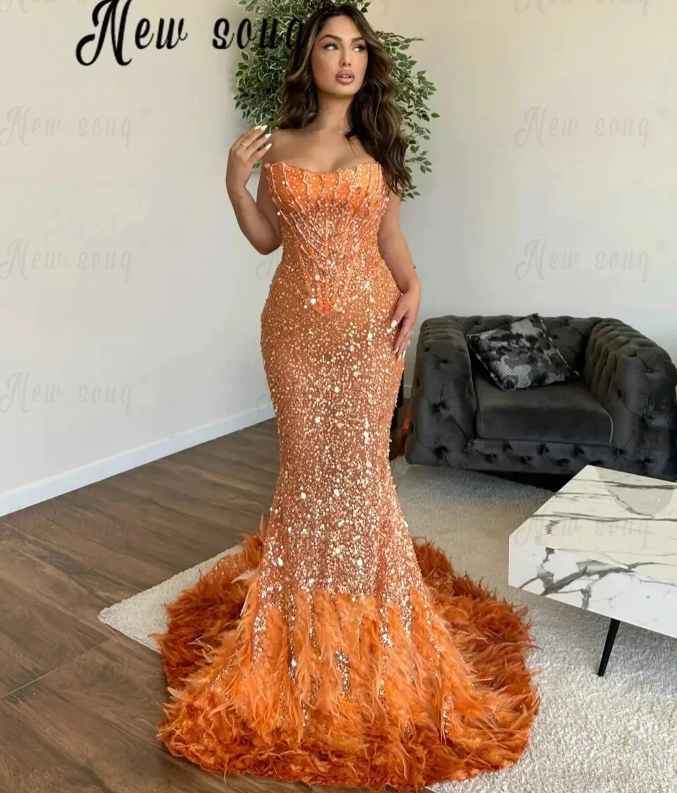 Feathers Luxury Orange Prom Dresses Long Mermaid Sequins Wedding Party Gowns For Women Birthday Formal Evening Dresses Dubai