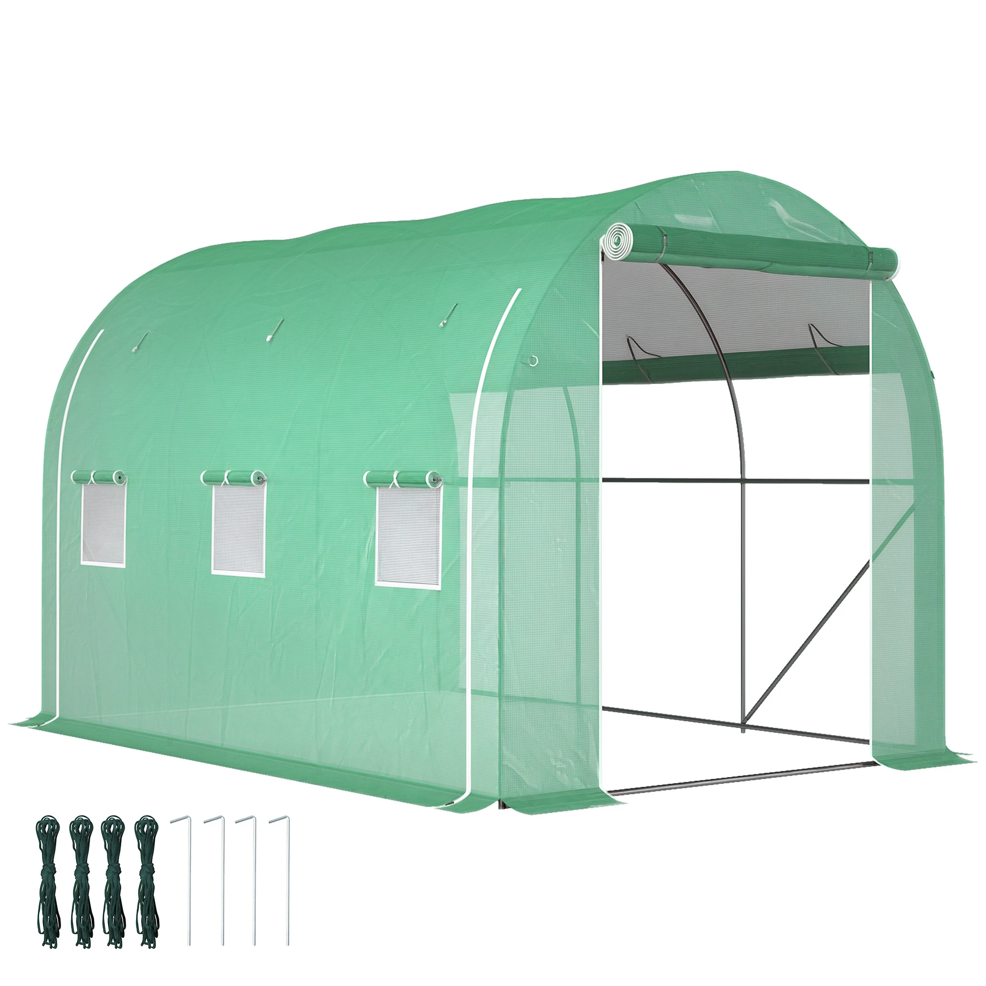 Outsunny Serre de jardin 6 m² 3 x 2 m avec 1 porte + 2 parois latérales zippées enroulables, 6 fenêtres, acier galvanisé PE haute densité 140 g/m² Anti-UV vert