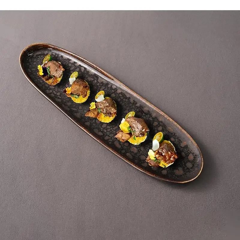 

Vintage Ceramic Long Strip Plate Irregular Dim Sum Dessert Sushi Plates Molecular Cuisine Specialty Tableware