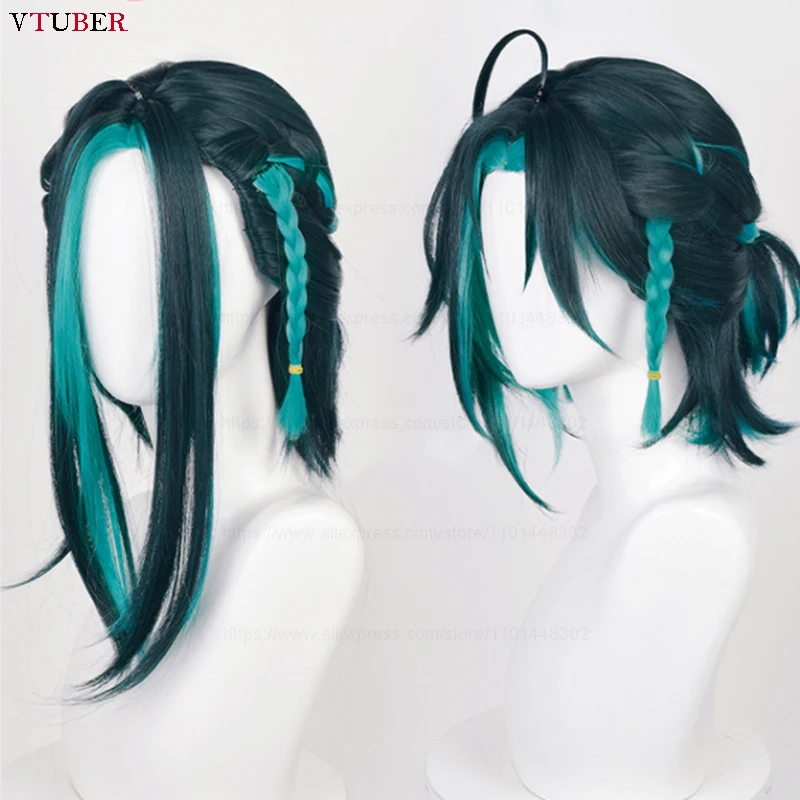 Xiao Cosplay Wig Game Impact Comic Xiao Short Mixed Green Braided Heat Resistant Synthetic Hair Party Wigs + Wig Cap