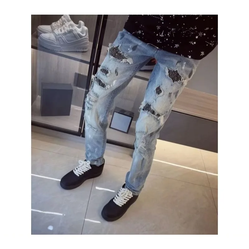 High Street White Diamond Wind Brand Light Luxury Broken Holes Hot Diamond Washing Men's Slim Small Straight Vintage Jeans
