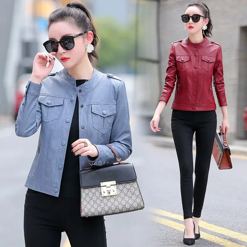 Hot Spring New Women Genuine Leather Jacket Oversized Korean Fashion Female Slim Stand Collar Coat Girl Sheepskin Pocket Outwear