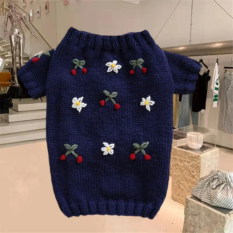 Bestickte Tulpen Hunde kleidung Haustier Strick pullover Pudel Pullover Welpe warme Winterkleid ung Bichon Weihnachts geschenk