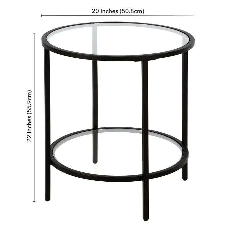 black Color Metal Frame Glass Top End Table Round Side Table for Living Room