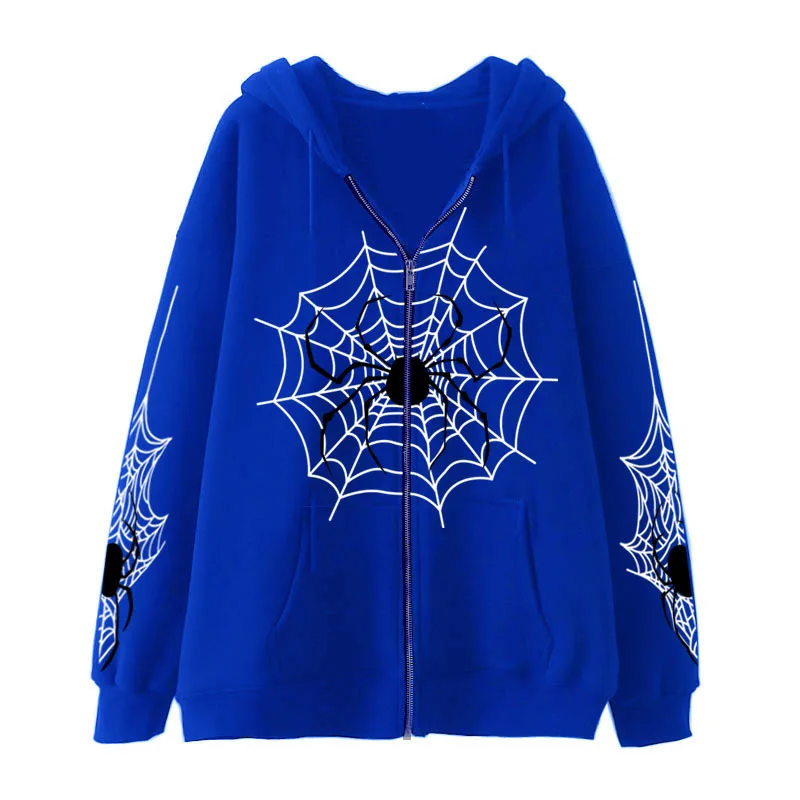 Spider Cobweb Zipper Hoodies Retro Gothic Hip Hop Streetwear Hoodie Women Men Fashion Oversized Sweatshirt Couples Jacket Coat