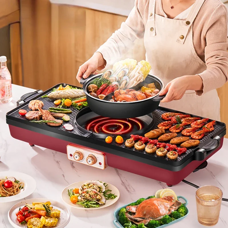 

220V Hot Pot BBQ One Machine Grill Electric for Home Use Large Capacity Indoor Smokless Baking Pan электро гриль для кухни