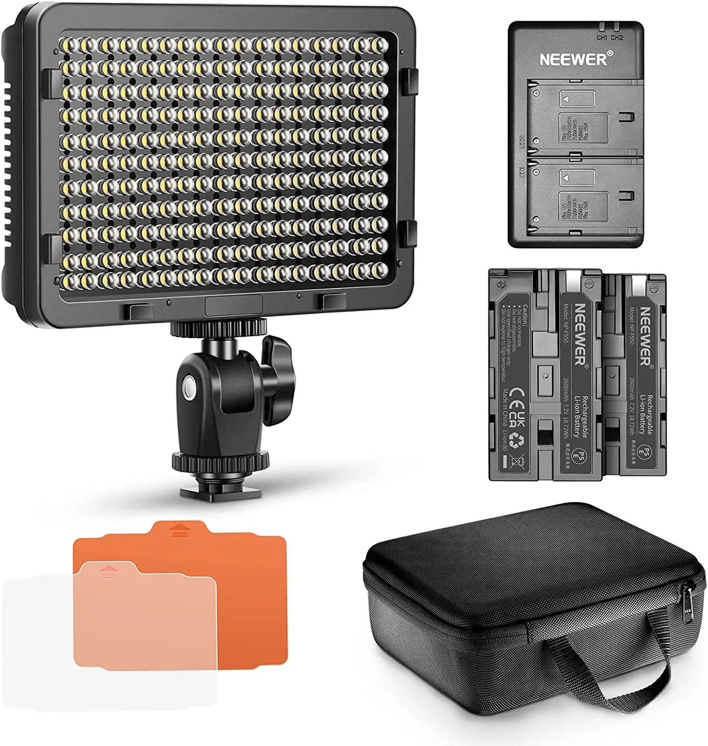 Neewer Dimmable 176 LED Panel Video Light Lighting Kit with Case & li-on Batteries for Canon, Nikon, Pentax, Sony DSLR Cameras