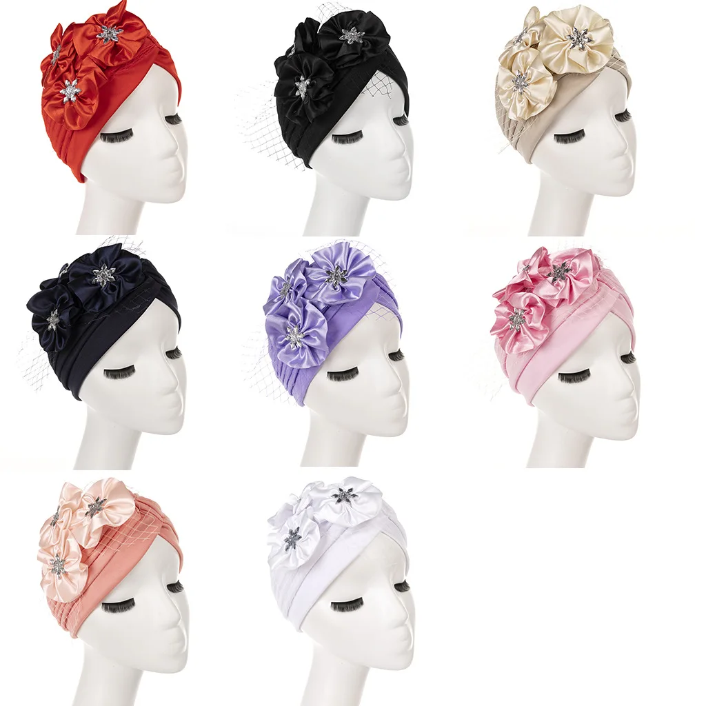 Flower Women Indian Muslim Chemo Hair Loss Cap Hijab Crystals Turban Headwear Wrap Scarf Arab Islamic Bonnet Cover Cancer Hat