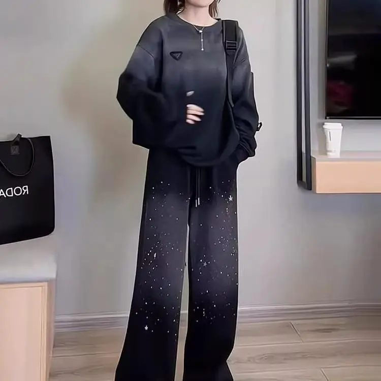 

Комплект повседневной спортивной одежды больших размеров: свободный свитшот и брюки с широкими штанинами, модный осенний комплект из двух предметов для женщин больших размеров