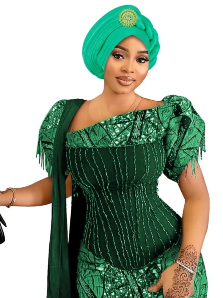 여성을위한 반짝이 전신 Pleated Turban 모자 2025 레이디 헤드 랩 이슬람 Headscarf 모자 Turbante Mujer African Headpiece