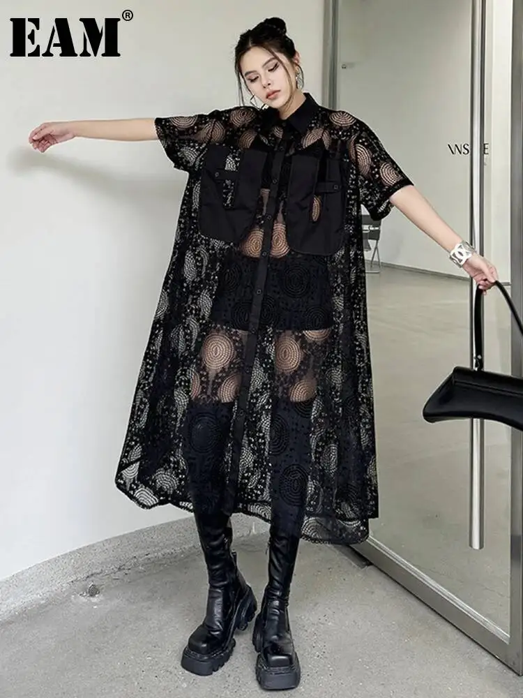 dress long eam EAM Fashion JU356 210311: Loose Fit V-Neck Long Sleeve Waist knee crepe bandage for Spring and Autumn with High Temperament