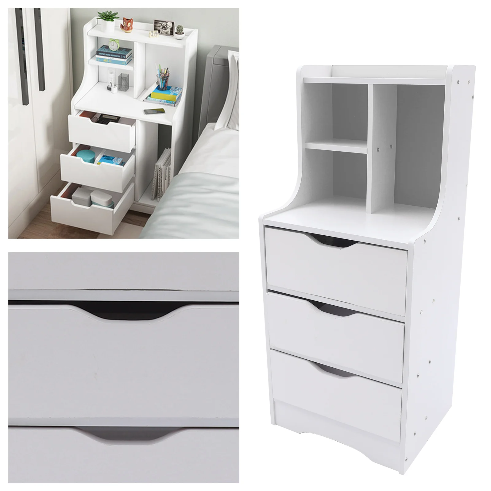 CNCEST White Side Table Bedroom Modern Nightstand Bedside Table with 3 Drawers Multifunctional Mini Storage Cabinet Organizer