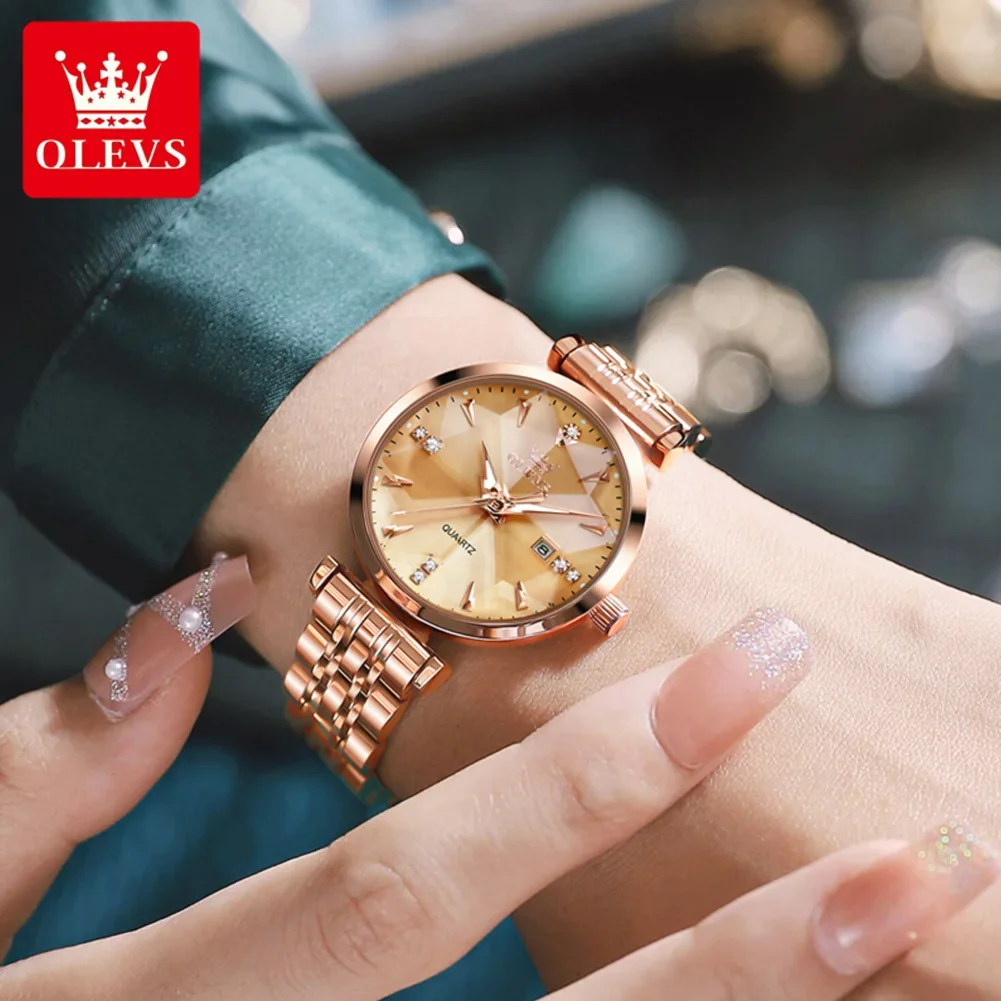 OLEVS Fashion Women\'s Watch Luxury Stainless Steel Automatic Movement Quartz Wristwatch Rhombus Mirror Rose Gold Watch for Women